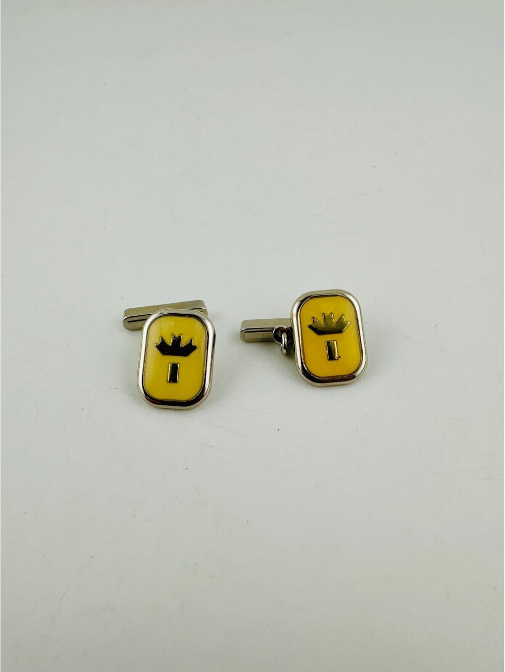 Vintage Yellow Enamel Crown Design Cufflinks with Silver T-T